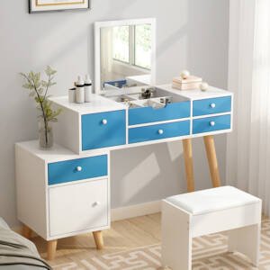 | تسريحة مع مرآة قابلة للطي مع كرسي