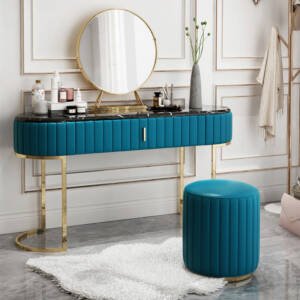 | طاولة تسريحة بسطح رخام مع مرآة وكرسي