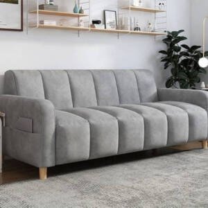 | كنب مريح بثلاثة مقاعد – تصميم ليزي شيك عصري – إسفنج عالي الكثافة – قماش ناعم – لون رمادي فاتح