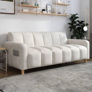 | كنب مريح بثلاثة مقاعد – تصميم ليزي شيك عصري – إسفنج عالي الكثافة – قماش ناعم – لون رمادي فاتح