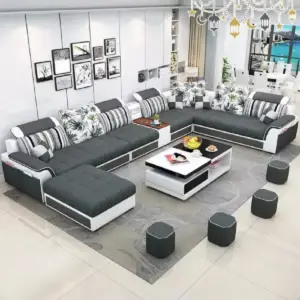 | كنب زاوية بشكل دائري فاخر – تصميم غير تقليدي – تنجيد مريح – قاعدة خشبية – مناسب لغرف المعيشة الواسعة