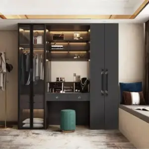 خزانة ملابس مدمجة مع تسريحة – تصميم 2 في 1 موفّر للمساحة – أرفف داخلية + مرآة كبيرة – خشب متين