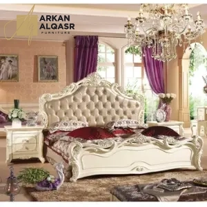 سرير نوم فاخر مع 2 كومدينة – تصميم كلاسيكي – خشب متين – لون بيج – ضمان سنتين