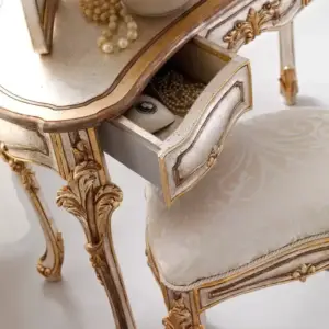 | تسريحة غرفة نوم كلاسيكية فاخرة – تصميم كلاسيكي مع مرآة كبيرة – سطح رخامي – أدراج تخزين