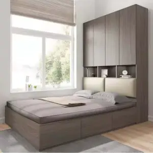 سرير خشب بخزانة كبيرة