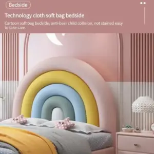 | سرير أطفال بتصميم قوس قزح مبهج – شامل كومودينة – ألوان زاهية وهيكل خشبي متين – مثالي لغرف البنات