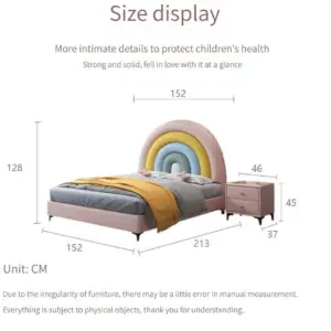| سرير أطفال بتصميم قوس قزح مبهج – شامل كومودينة – ألوان زاهية وهيكل خشبي متين – مثالي لغرف البنات