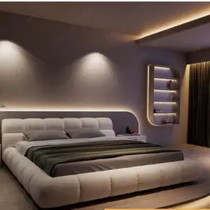 سرير منخفض الارتفاع – تصميم عملي مع كومدينة جانبية – هيكل خشبي أنيق – مثالي للغرف الصغيرة