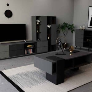 طقم طاولات تلفزيون وقهوة وكونسول رمادي وأسود