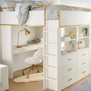 سرير أطفال مرتفع من تشكيلة بلير – تصميم عملي مع مكتب وسلال تخزين – خشب هندسي – لون أبيض