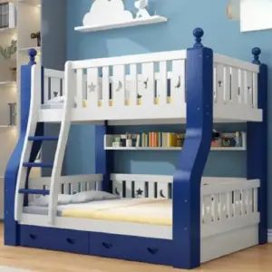 سرير دورين أطفال خشبي بتصميم نموذجي – سلم جانبي آمن – لون أبيض – ضمان سنتين