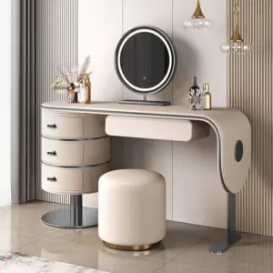 | تسريحة غرفة نوم مغطاة بالجلد مع كرسي ومرأة فاخرة