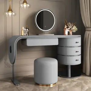 | تسريحة غرفة نوم مغطاة بالجلد مع كرسي ومرأة فاخرة