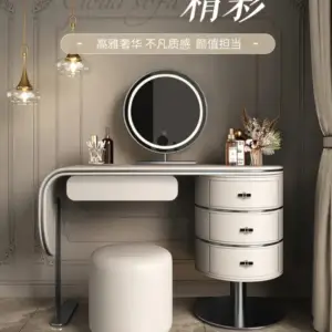 | تسريحة غرفة نوم مغطاة بالجلد مع كرسي ومرأة فاخرة