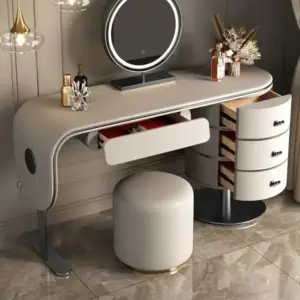 | تسريحة غرفة نوم مغطاة بالجلد مع كرسي ومرأة فاخرة