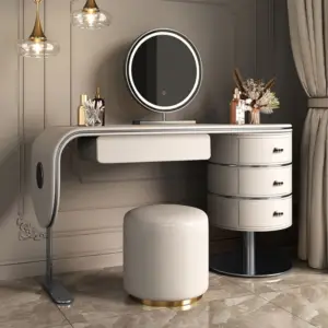 | تسريحة غرفة نوم مغطاة بالجلد مع كرسي ومرأة فاخرة