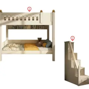 | سرير أطفال دورين بتصميم شيك – هيكل خشبي متين وسلال تخزين – سلم جانبي آمن – ألوان متعددة