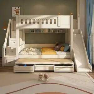 | سرير أطفال دورين بتصميم شيك – هيكل خشبي متين وسلال تخزين – سلم جانبي آمن – ألوان متعددة