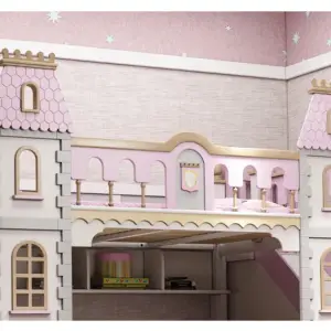 | سرير أطفال دورين بشكل قلعة - تصميم ممتع وآمن - خشب متين - ألوان مبهجة