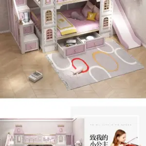 | سرير أطفال دورين بشكل قلعة - تصميم ممتع وآمن - خشب متين - ألوان مبهجة