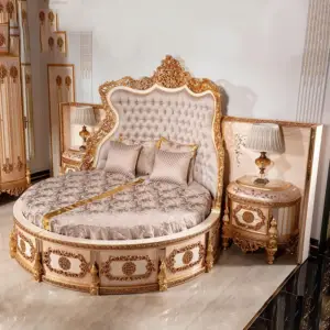 سرير نوم دائري ملكي بتصميم كلاسيكي – شامل 2 طاولة جانبية – تنجيد فاخر – قاعدة خشبية متينة