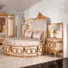 سرير نوم دائري ملكي بتصميم كلاسيكي – شامل 2 طاولة جانبية – تنجيد فاخر – قاعدة خشبية متينة