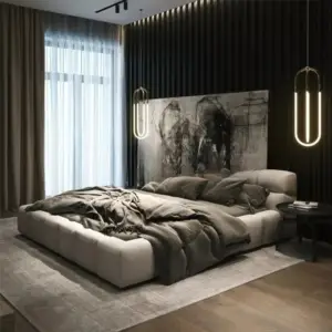سرير مزدوج بتنجيد قماشي فاخر – تصميم عصري مع لوح رأس مبطن – هيكل خشبي متين – ألوان متعددة