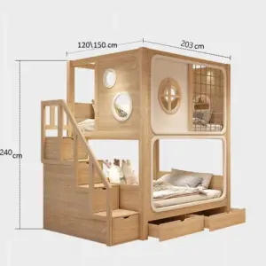 | سرير أطفال دورين من الخشب الطبيعي – تصميم آمن مع سلم جانبي – لون خشبي فاتح – ضمان سنتين
