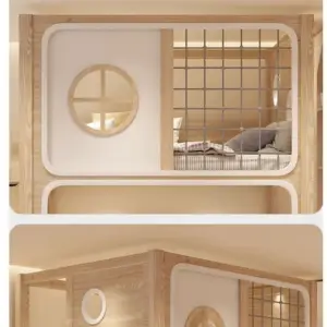 | سرير أطفال دورين من الخشب الطبيعي – تصميم آمن مع سلم جانبي – لون خشبي فاتح – ضمان سنتين