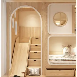 | سرير أطفال دورين من الخشب الطبيعي – تصميم آمن مع سلم جانبي – لون خشبي فاتح – ضمان سنتين