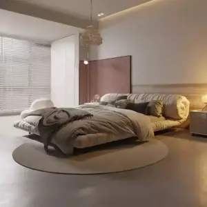 سرير غرفة نوم مع كمودينة بتصميم مميز