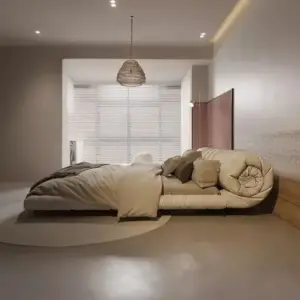 سرير غرفة نوم مع كمودينة بتصميم مميز