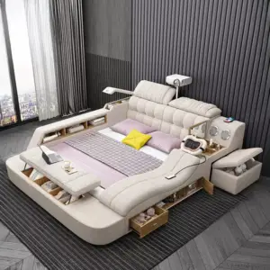 سرير مزدوج بتصميم متعدد الوظائف – مساحة تخزين سفلية + أرفف جانبية – خشب هندسي – لون رمادي أنيق