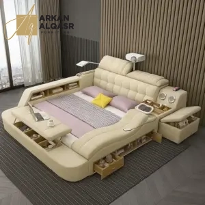 سرير مزدوج بتصميم متعدد الوظائف – مساحة تخزين سفلية + أرفف جانبية – خشب هندسي – لون رمادي أنيق 7 سرير-3