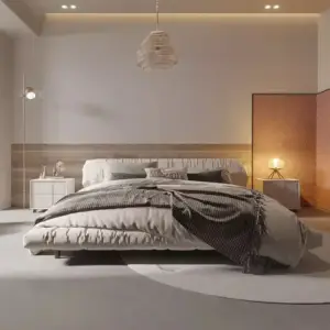 سرير غرفة نوم مع كمودينة بتصميم مميز