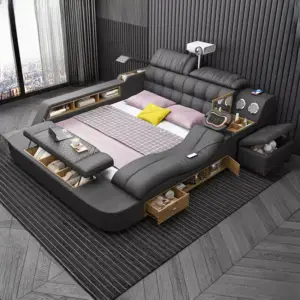 سرير مزدوج بتصميم متعدد الوظائف – مساحة تخزين سفلية + أرفف جانبية – خشب هندسي – لون رمادي أنيق 2 سرير مزدوج بتصميم متعدد الوظائف – مساحة تخزين سفلية + أرفف جانبية – خشب هندسي – لون رمادي أنيق