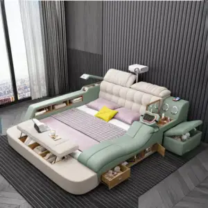 سرير مزدوج بتصميم متعدد الوظائف – مساحة تخزين سفلية + أرفف جانبية – خشب هندسي – لون رمادي أنيق 3 سرير مزدوج بتصميم متعدد الوظائف – مساحة تخزين سفلية + أرفف جانبية – خشب هندسي – لون رمادي أنيق