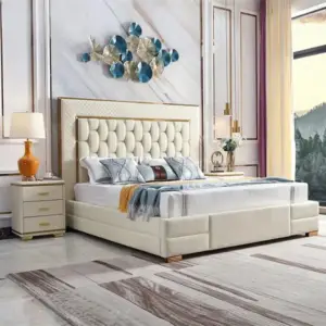 سرير غرفة نوم فاخر خشبي جلد مزدوج