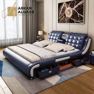 سرير مودرن جلد مع طاولتين كومودينة