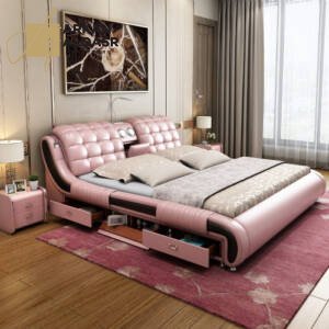 سرير مودرن جلد مع طاولتين كومودينة