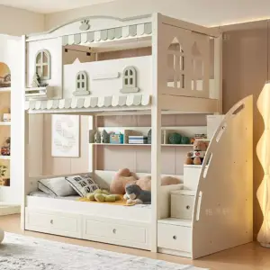 | سرير أطفال دورين بتصميم مريح – خشب هندسي قوي – سلم جانبي آمن – ألوان محايدة – ضمان سنتين