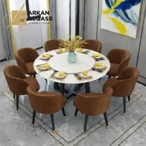 | طاولة طعام رخام مع ثمانية مقاعد فاخرة