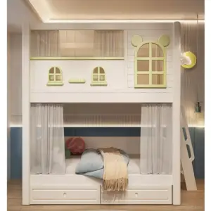 | سرير أطفال بدورين بتصميم عصري – خشب متين وسلال تخزين – مثالي للمساحات الصغيرة وآمن للاستخدام اليومي