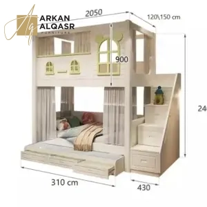 سرير أطفال بدورين بتصميم عصري – خشب متين وسلال تخزين – مثالي للمساحات الصغيرة وآمن للاستخدام اليومي
