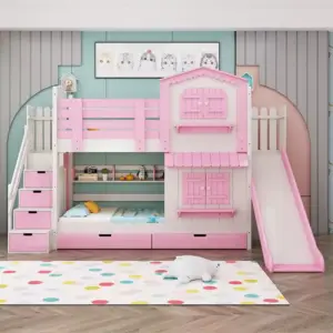 سرير دورين للأطفال بتصميم متعدد الاستخدامات – خشب هندسي – سلال تخزين وسرير إضافي – ضمان سنتين 2 سرير-دورين