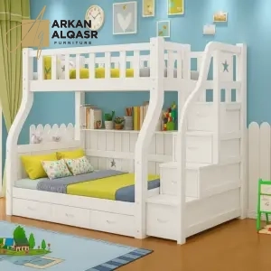 سرير دورين أطفال خشبي بتصميم نموذجي – سلم جانبي آمن – لون أبيض – ضمان سنتين