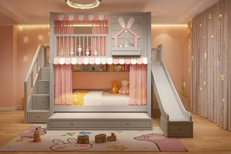 سرير-اطفال (1) سرير أطفال دورين مريح – تصميم آمن بزاوية ناعمة – خشب متين وسلال تخزين – مثالي للمساحات الصغيرة