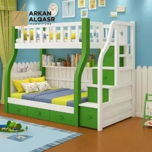 سرير دورين أطفال خشبي بتصميم نموذجي – سلم جانبي آمن – لون أبيض – ضمان سنتين