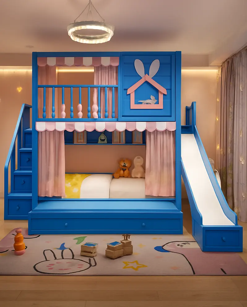 سرير-اطفال (2) سرير أطفال دورين مريح – تصميم آمن بزاوية ناعمة – خشب متين وسلال تخزين – مثالي للمساحات الصغيرة