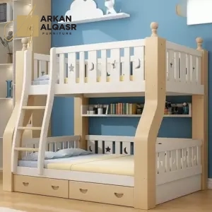 سرير دورين أطفال خشبي بتصميم نموذجي – سلم جانبي آمن – لون أبيض – ضمان سنتين